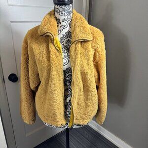 This & More mustard yellow faux fur full zip jacket cozy warm.